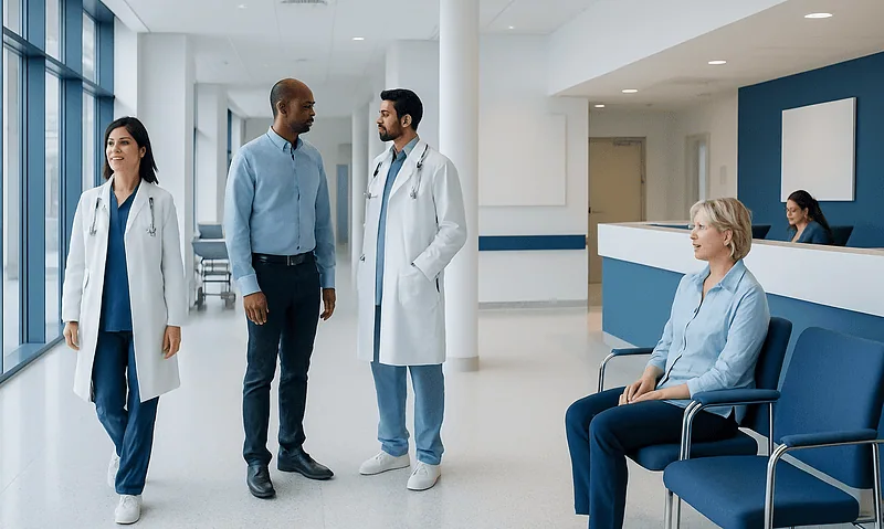 Medical professionals and patient in hospital corridor at Acibadem Hospitals Group.