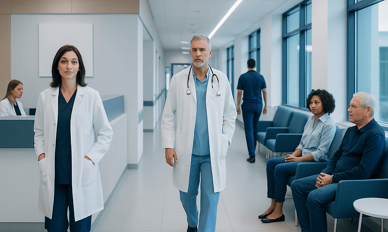 Medical team walking in hospital corridor at Acibadem Hospitals Group.