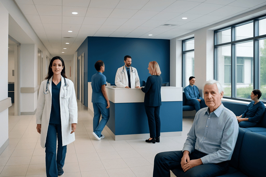 Erythropoietin: A Complete Medical Overview 1 Modern hospital reception area with medical staff and patients.