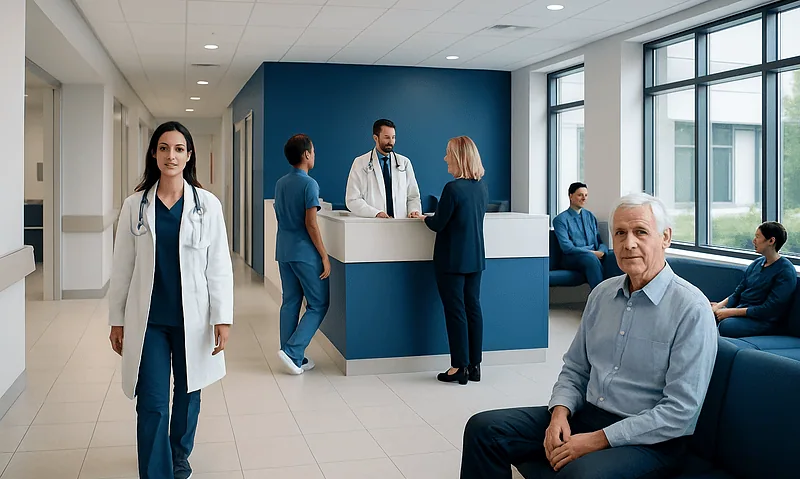 Modern hospital reception area with medical staff and patients.