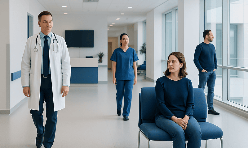Medical team in hospital corridor with patient waiting area.