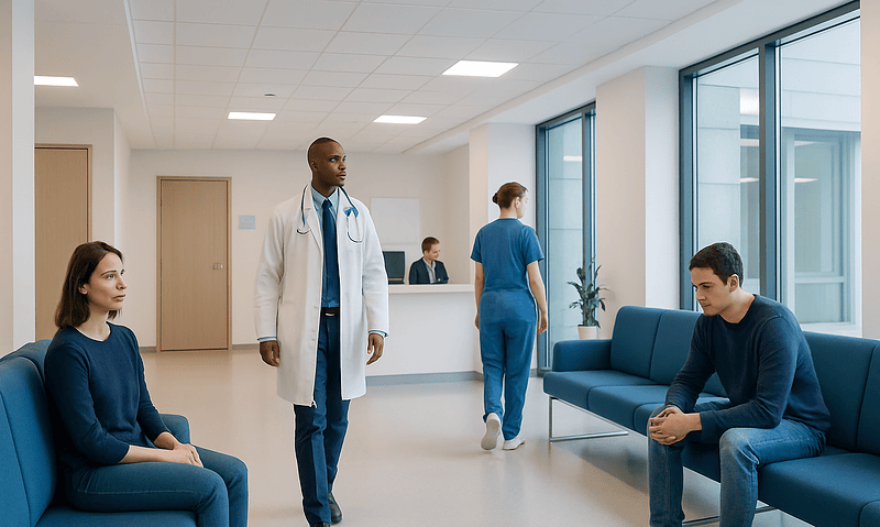 Patients waiting in a modern hospital lobby with medical staff present.