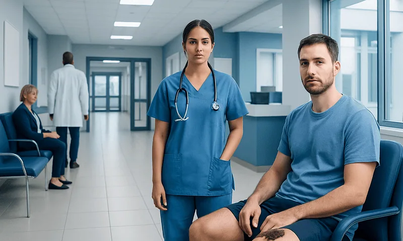 Medical professionals in a hospital corridor with patients and staff.