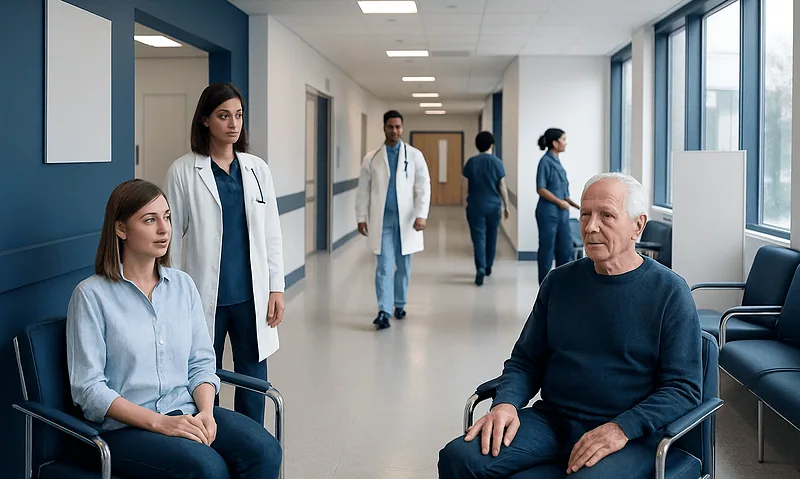 Patients waiting in a hospital corridor with medical staff nearby.
