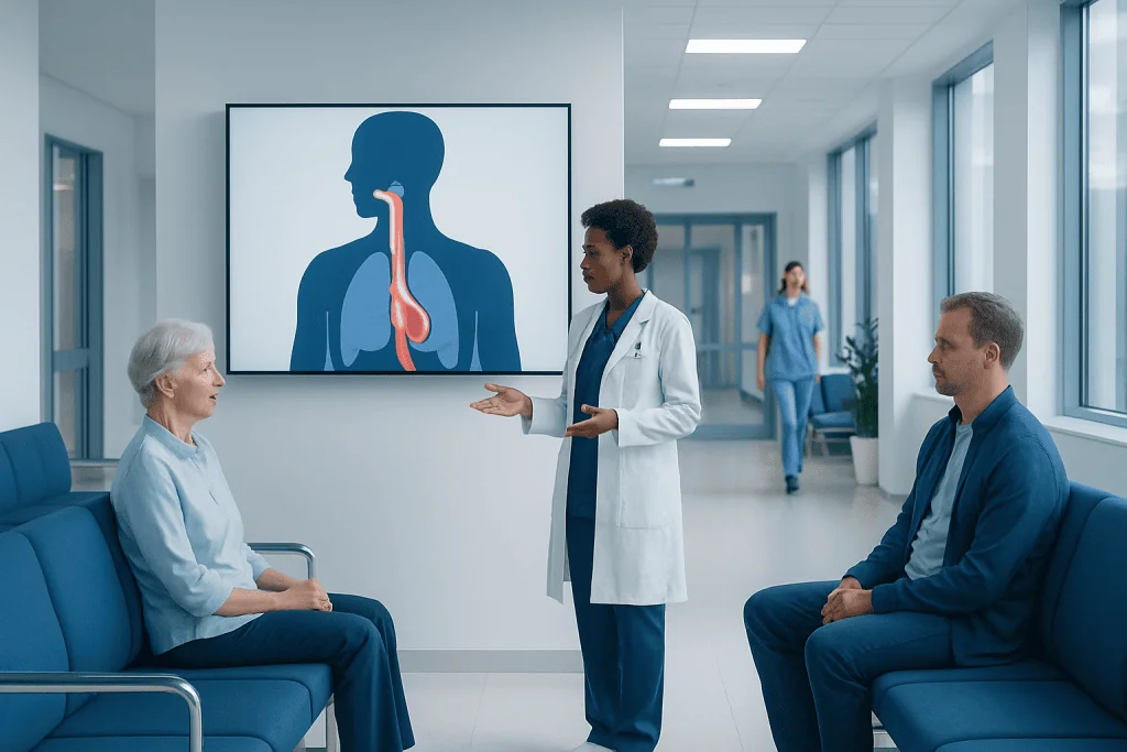 Esophageal Cancer: Diagnosis, Outlook, and Modern Treatment Approaches 1 Doctor explaining esophageal health to patient in hospital corridor.