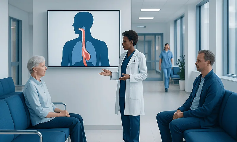 Doctor explaining esophageal health to patient in hospital corridor.