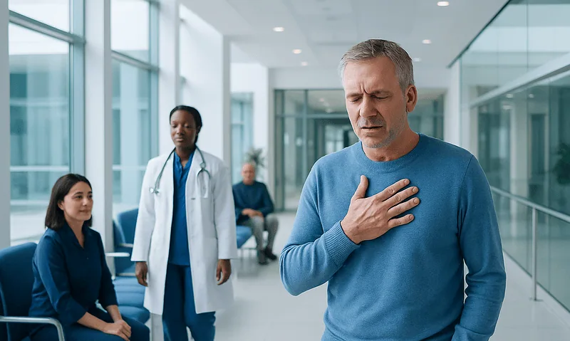 Man experiencing chest pain in hospital corridor with medical staff nearby.