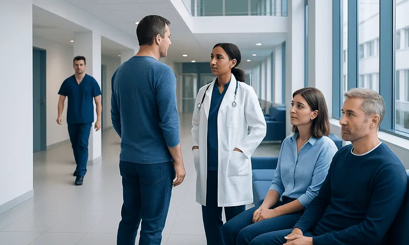 Medical consultation in a modern hospital corridor with healthcare professionals and patients.