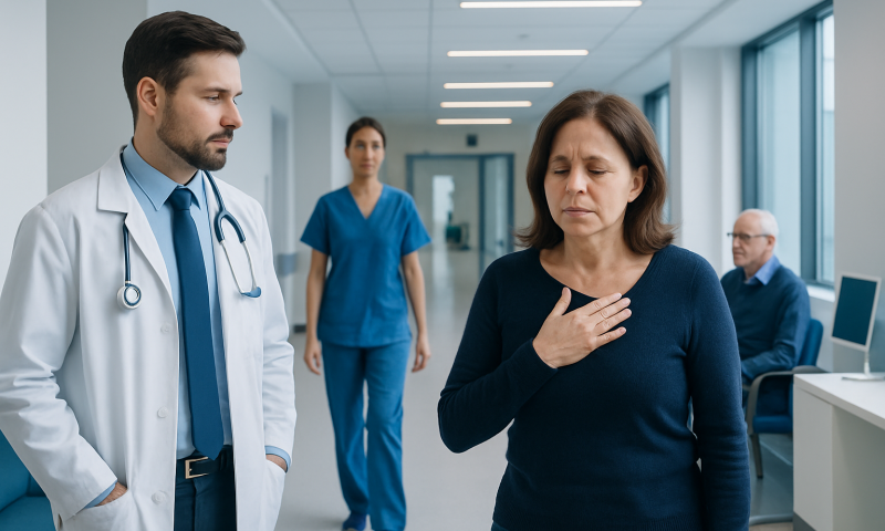 Patient experiencing chest discomfort during medical consultation at Acibadem Hospital.