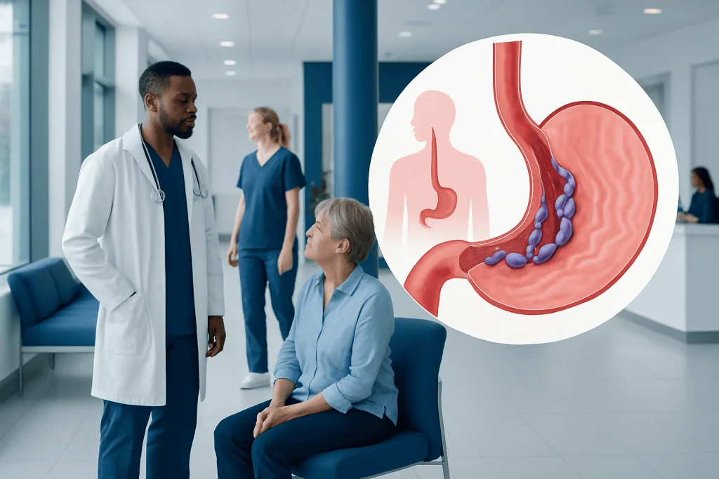 Esophageal Varices: A Complete Medical Overview 1 Doctor discussing esophageal varices with patient in hospital setting.