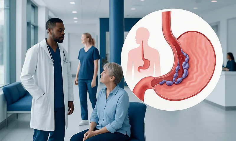 Doctor discussing esophageal varices with patient in hospital setting.
