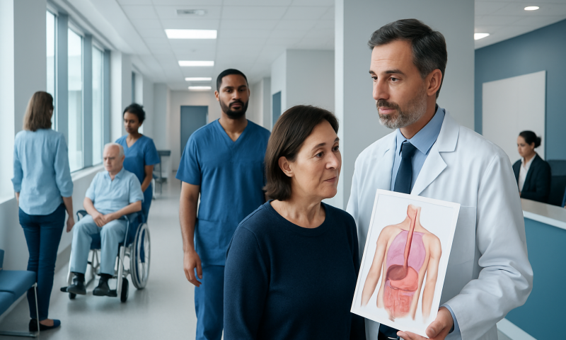 Doctor explaining esophagus diagram to patient in hospital corridor.