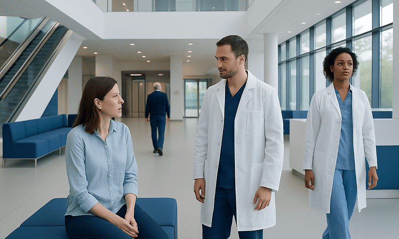 Medical consultation in modern hospital lobby with healthcare professionals and patient.