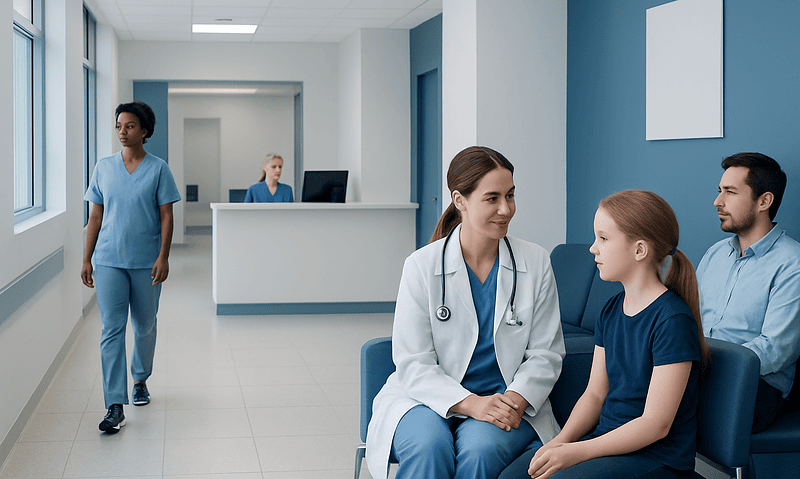Pediatric eye consultation at Acibadem Hospital with doctor and young patient.