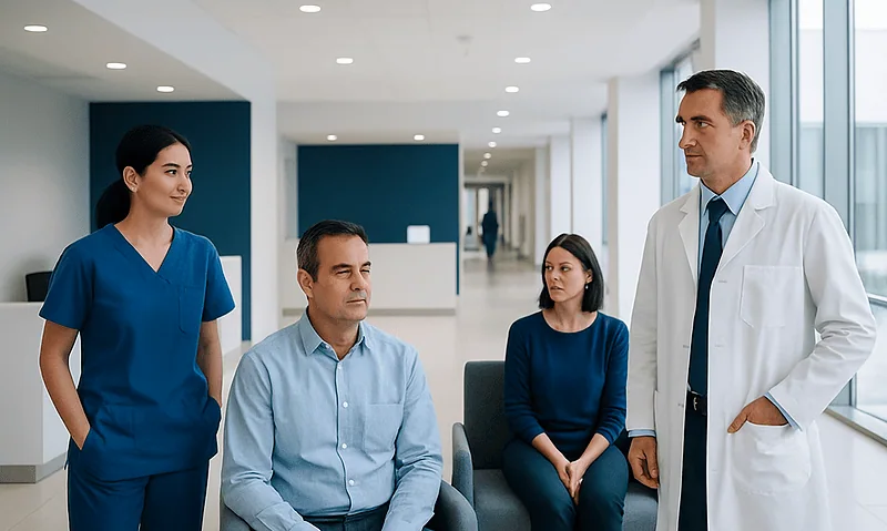 ESR (Sedimentation Rate) Blood Test: What Low and High Levels Mean — and What to Do Next 13 Doctor discussing health with patients in a hospital corridor.