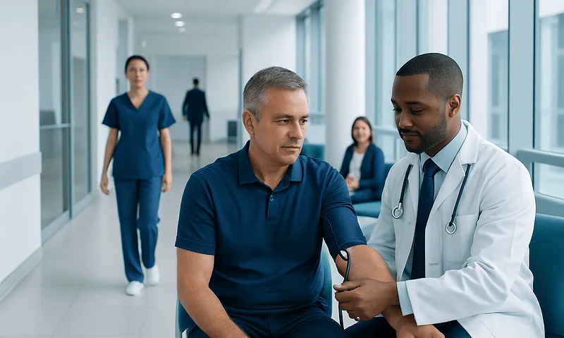 Doctor measuring patient's blood pressure in hospital corridor.