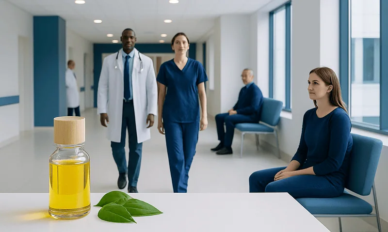 Medical professionals and patient in hospital corridor with essential oils on table.