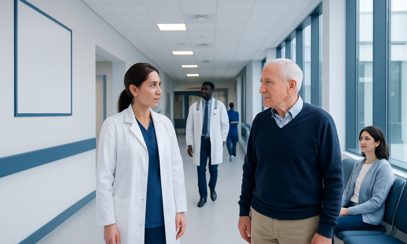 Doctor and patient having a conversation in a hospital corridor.