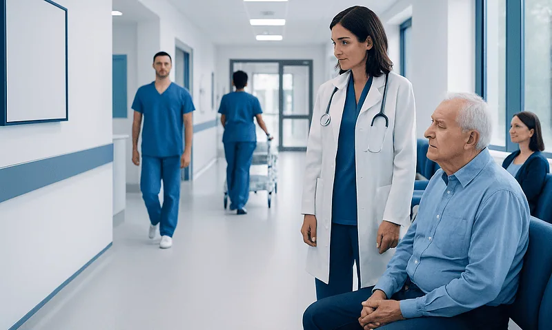 Healthcare professionals and patient in hospital corridor at Acibadem Hospitals Group.