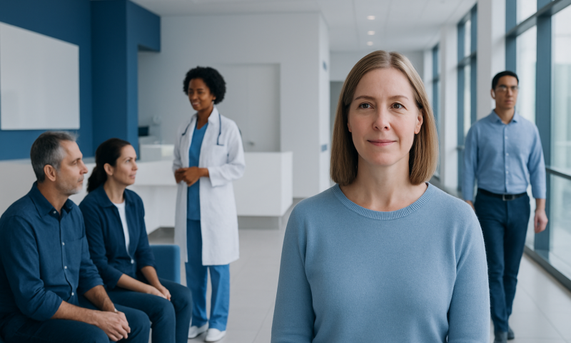 Woman waiting in a hospital corridor with medical staff and patients nearby.