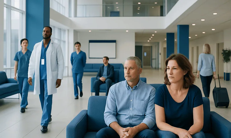 Patients waiting in a hospital lobby with medical staff nearby.