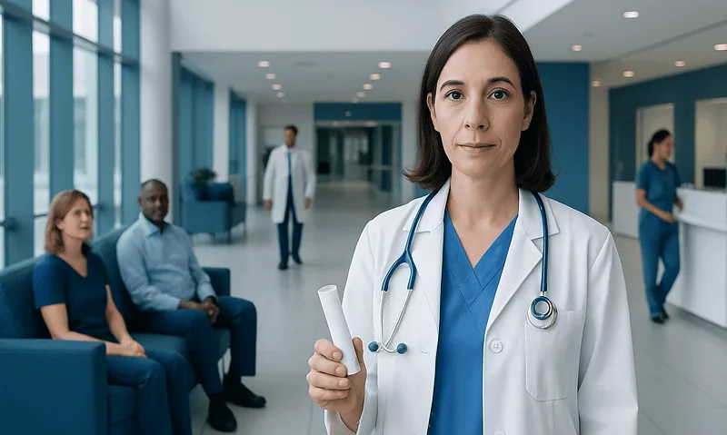 Female doctor in hospital corridor holding a clipboard with patients in background.