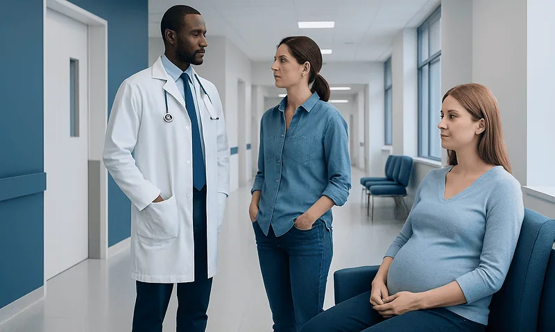 Health Library 3 Doctor consulting with pregnant woman and her partner in hospital corridor.