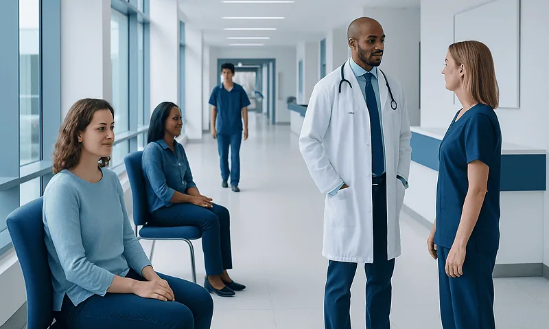 Medical consultation in a hospital corridor with healthcare professionals and patients.