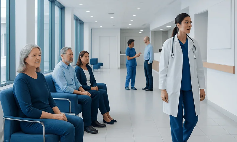 Healthcare professionals and patients in a modern hospital corridor.