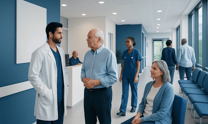 Medical staff and patient in hospital corridor at Acibadem Hospitals Group.