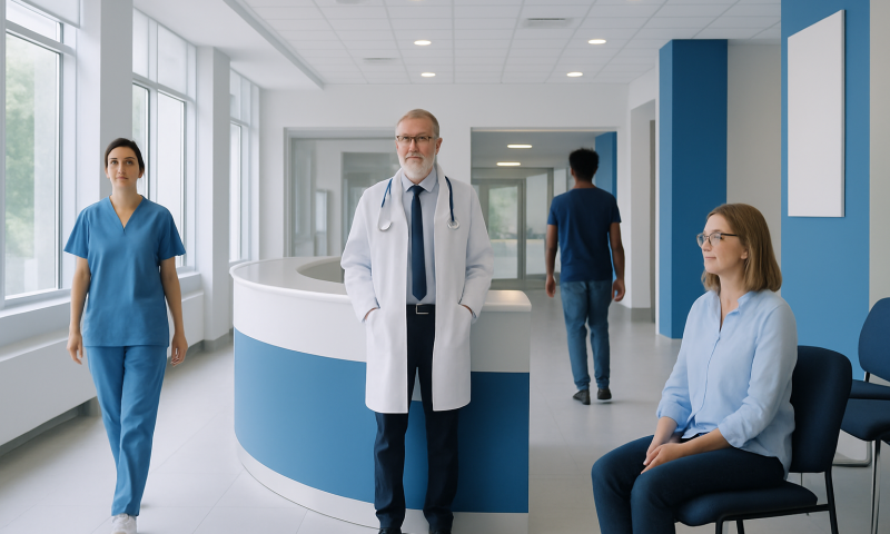Medical staff and patient in a modern hospital corridor at Acibadem Hospitals Group.