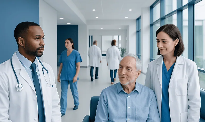 Medical team discussing patient care in a modern hospital corridor.