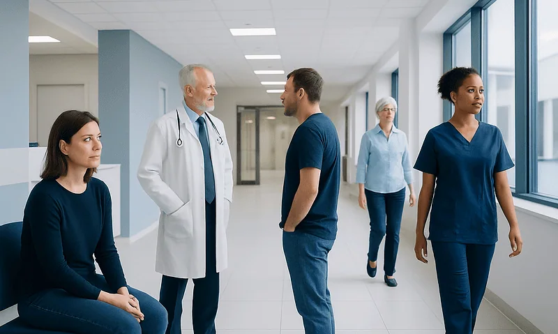 Medical team discussing patient care in hospital corridor.