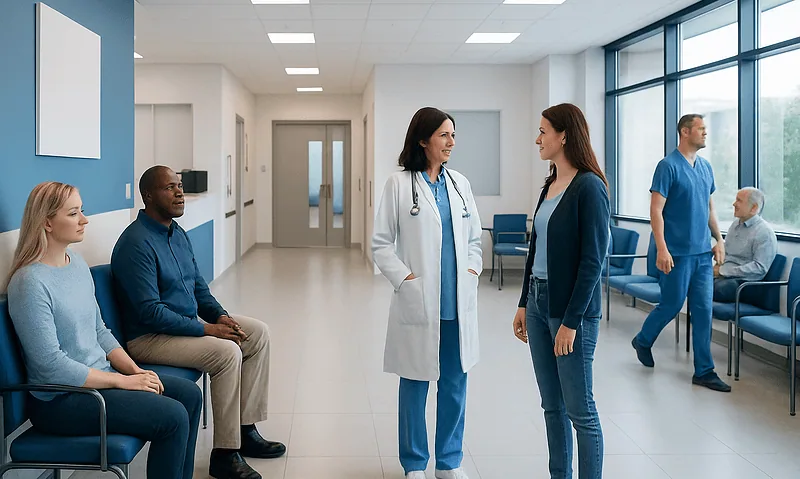 Healthcare professionals and patients in a modern hospital waiting area.