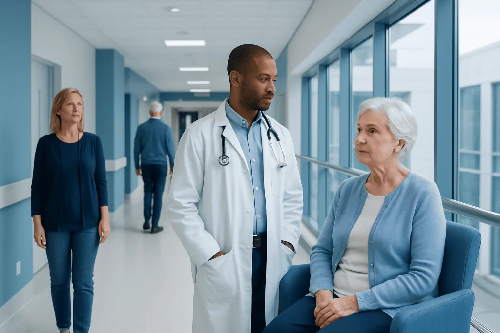 Evenity Side Effects: Uses, Dosage, and Side Effects — A Clinical Overview 1 Doctor consulting elderly patient in hospital corridor.