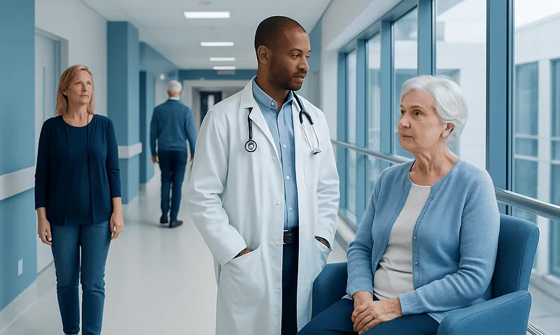 Doctor consulting elderly patient in hospital corridor.