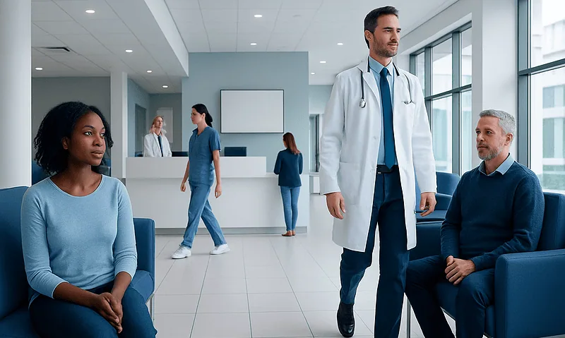 Medical consultation in a modern hospital waiting area with diverse patients.
