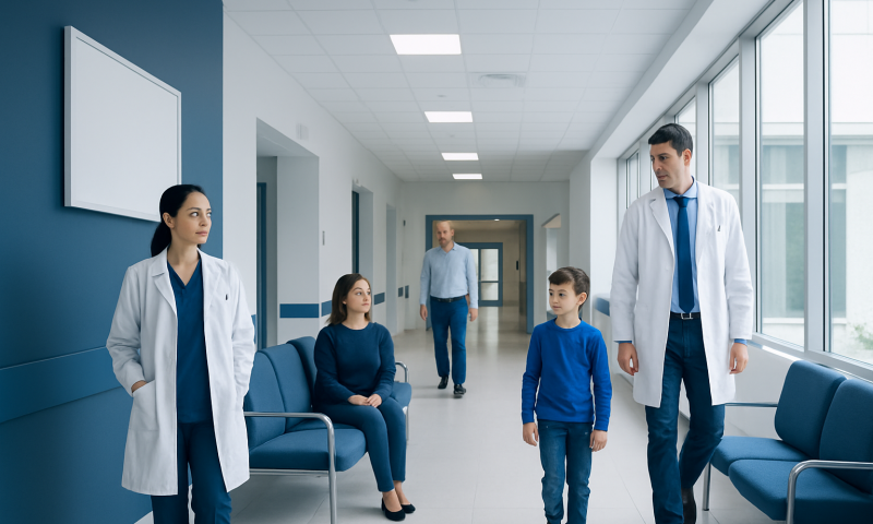 Doctors and children in a hospital corridor engaging in a health consultation.