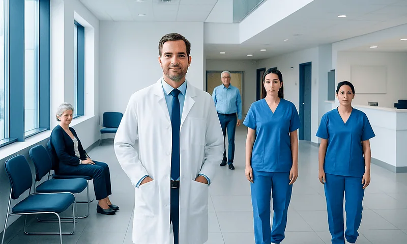 Medical team in hospital corridor with doctor and nurses.
