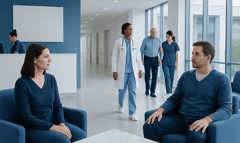 Patients and medical staff in a modern hospital waiting area.