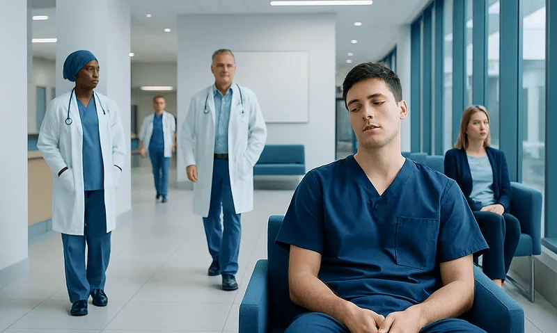 Young man with sleepiness in hospital waiting area with medical staff nearby.