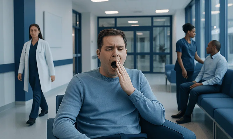Young man yawning in a hospital waiting area with medical staff in the background.