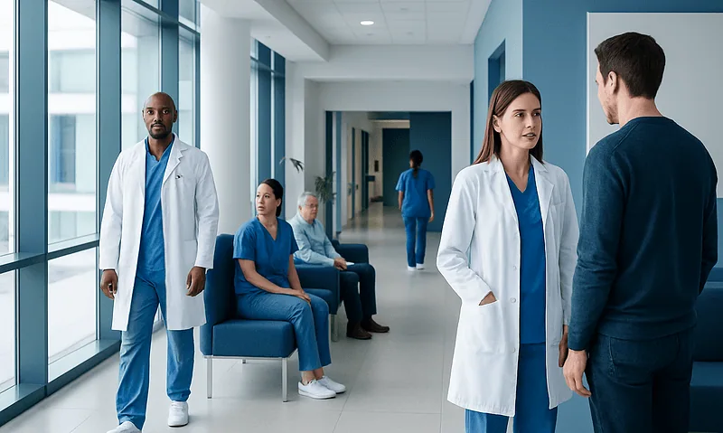 Excitatory: An Evidence-Based Guide for Patients 4 Medical professionals and patients in a hospital corridor at Acibadem Hospitals Group.