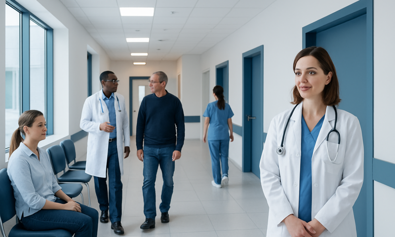 Medical team and patient in hospital corridor at Acibadem Hospitals Group.