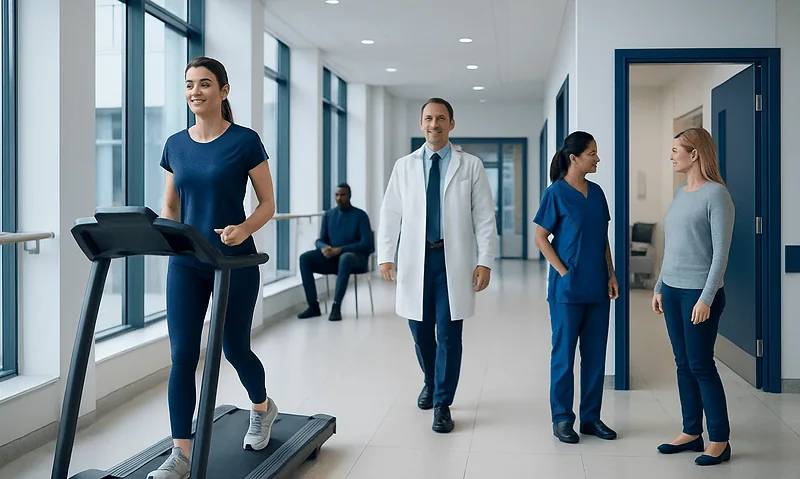 Patient walking on treadmill in hospital corridor with medical staff nearby.