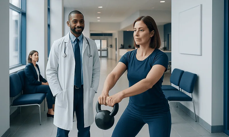 Woman lifting kettlebell with doctor observing in hospital corridor.