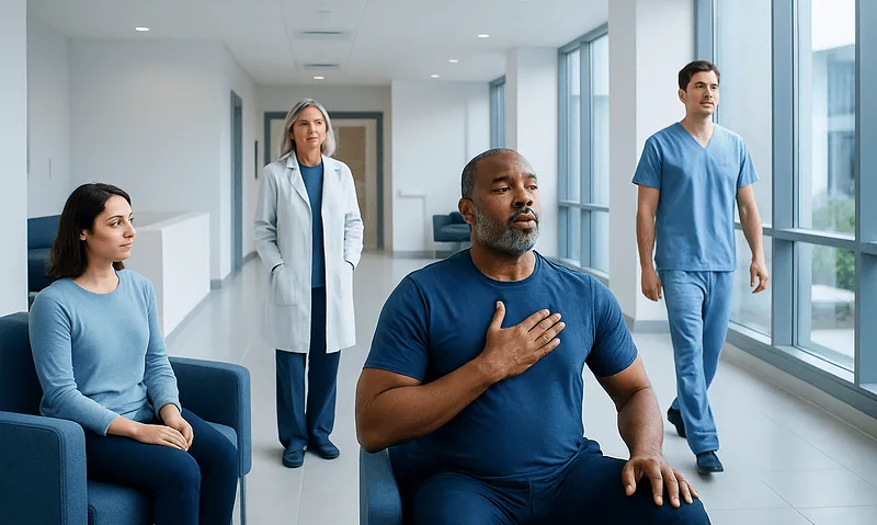 Patient practicing breathing exercise in hospital corridor with medical staff nearby.