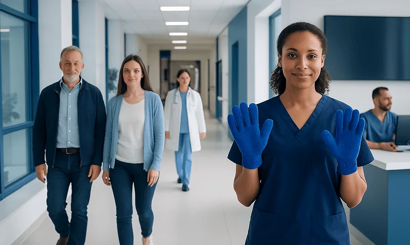 Healthcare professionals in a hospital corridor, nurse in foreground with blue gloves.