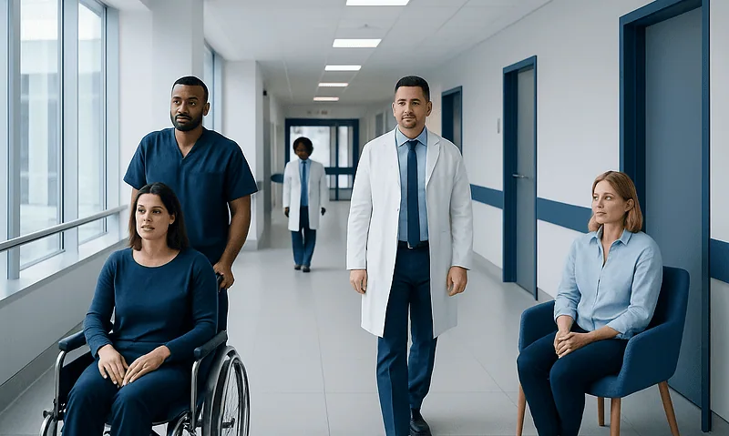 Medical team with patients in hospital corridor for patient care and support.