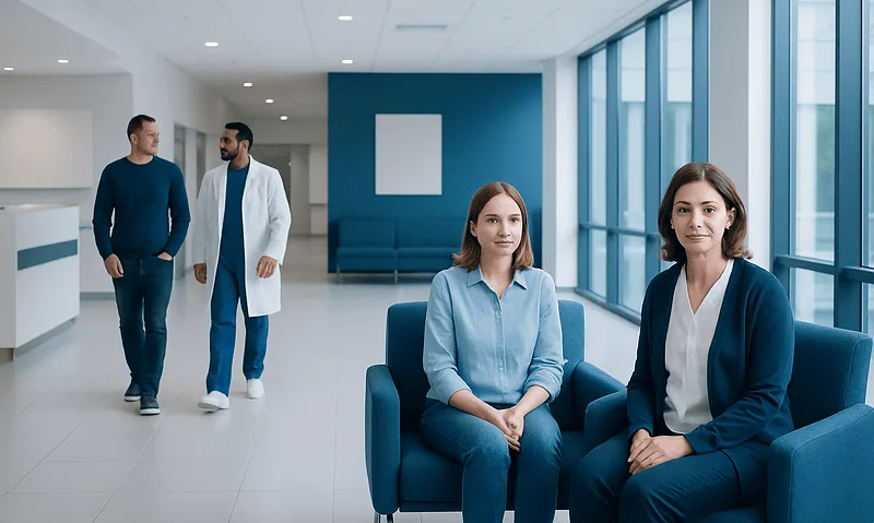 Patients waiting in a modern hospital lobby with large windows and blue accents.